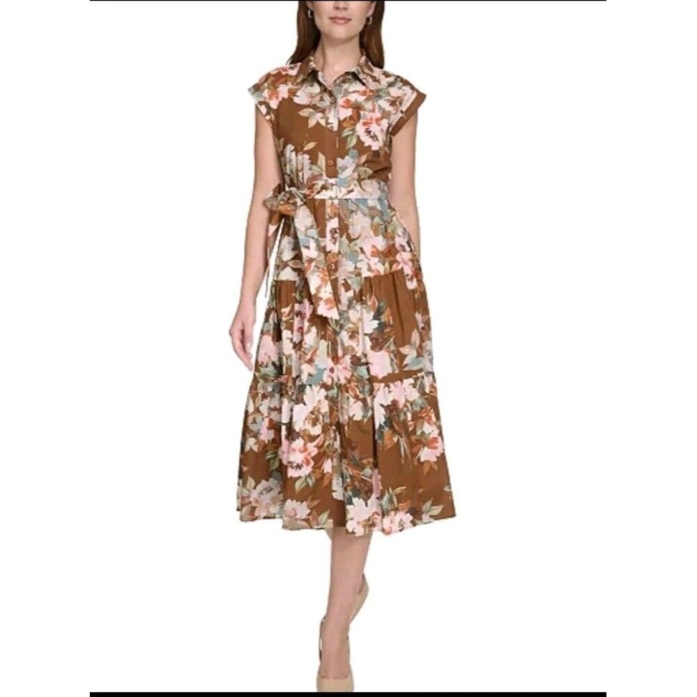 Calvin Klein Brown Floral Cotton Fall Tiered Midi Shirtdress Plus Size 14W